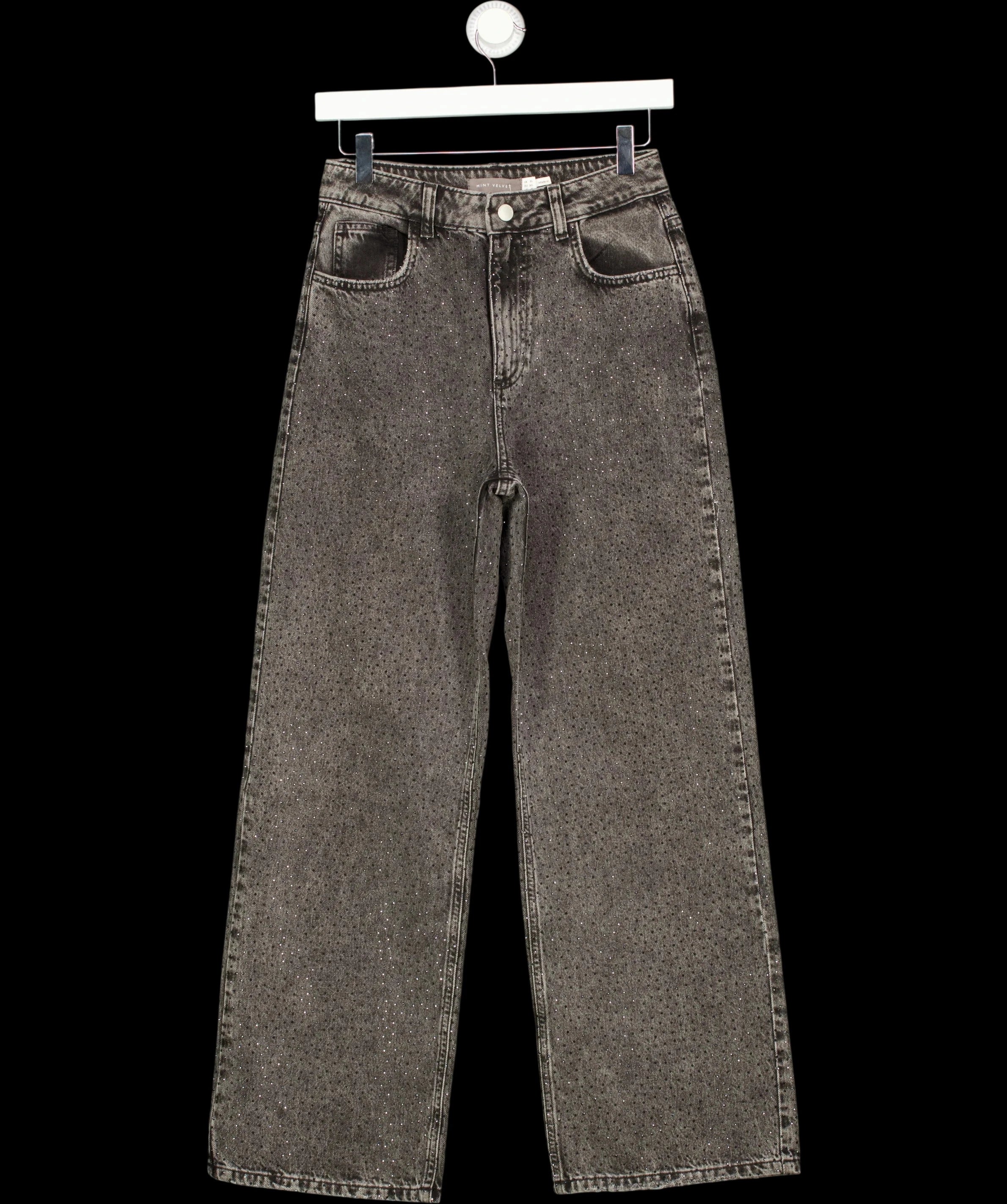 Mint Velvet Grey Textured Diamante Embellished Wide Leg Jeans Grey, size UK 8 — detail