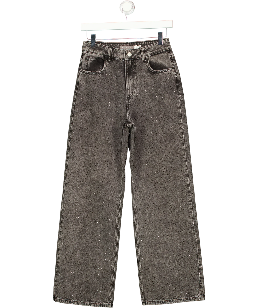 Mint Velvet Grey Textured Diamante Embellished Wide Leg Jeans Grey, size UK 8 — front