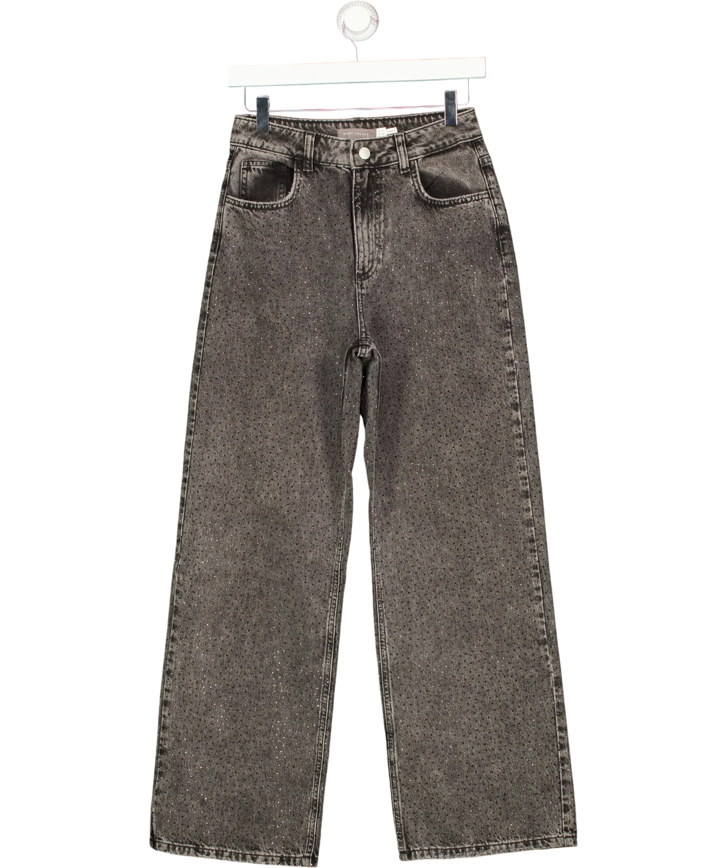 Mint Velvet Grey Textured Diamante Embellished Wide Leg Jeans Grey, size UK 8 — front