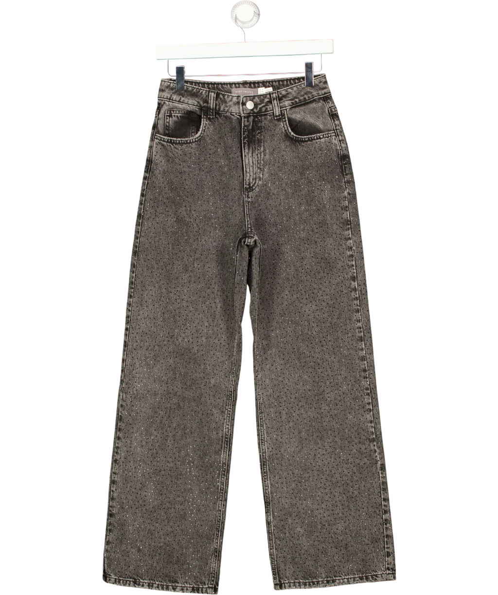 Mint Velvet Grey Textured Diamante Embellished Wide Leg Jeans Grey, size UK 8 — front
