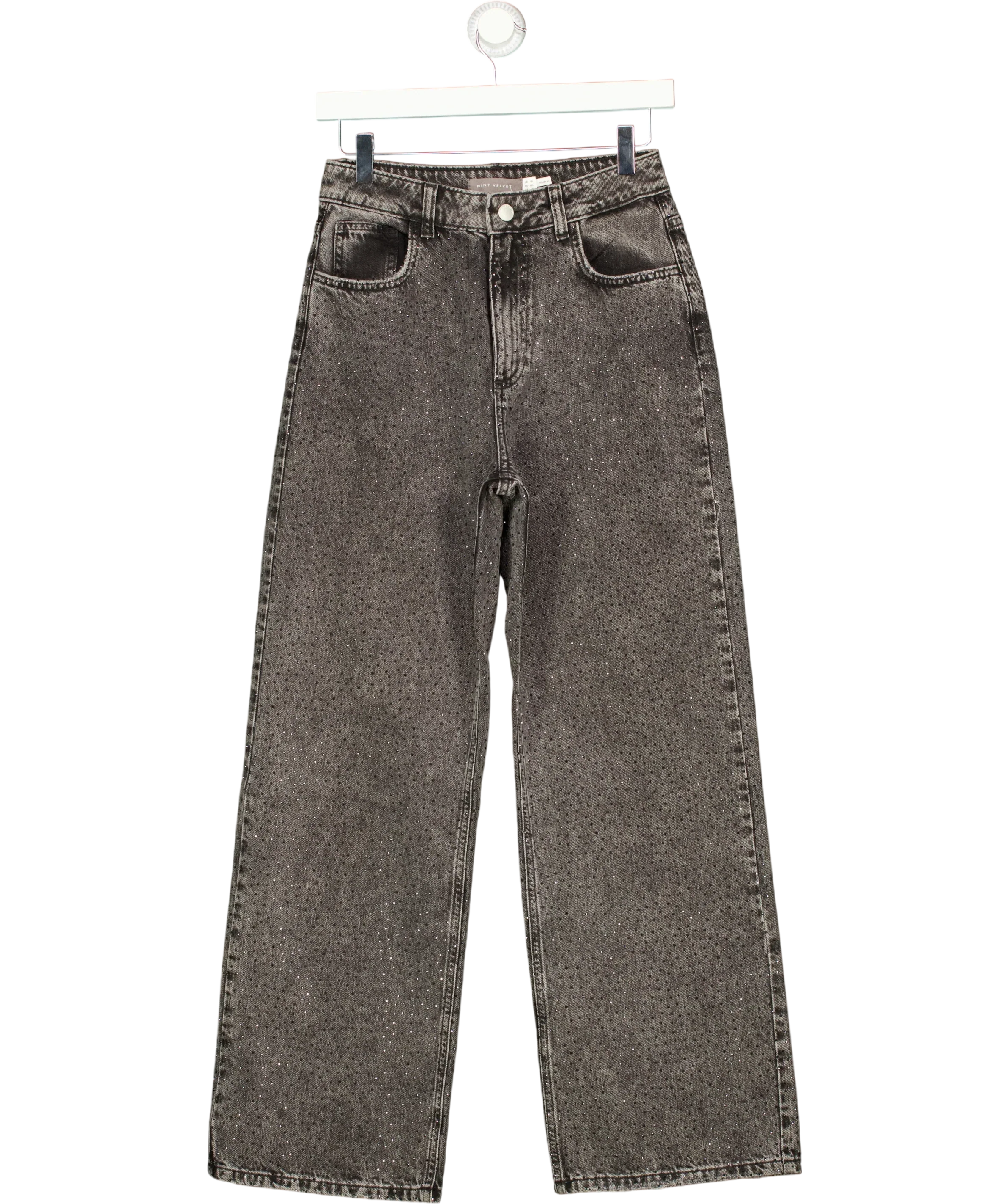 Mint Velvet Grey Textured Diamante Embellished Wide Leg Jeans Grey, size UK 8 — front