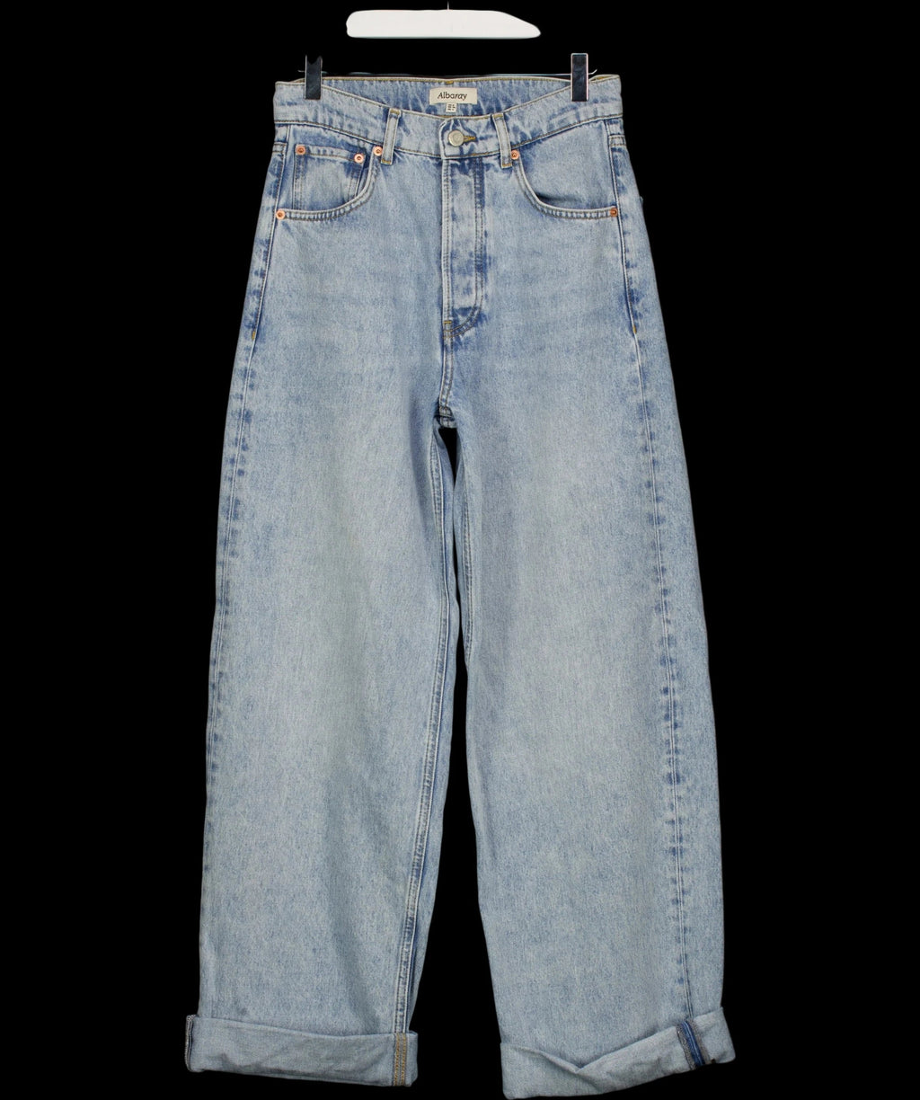 Albaray Blue Full Length Wide Leg Jeans Light Wash, size UK 8 — detail
