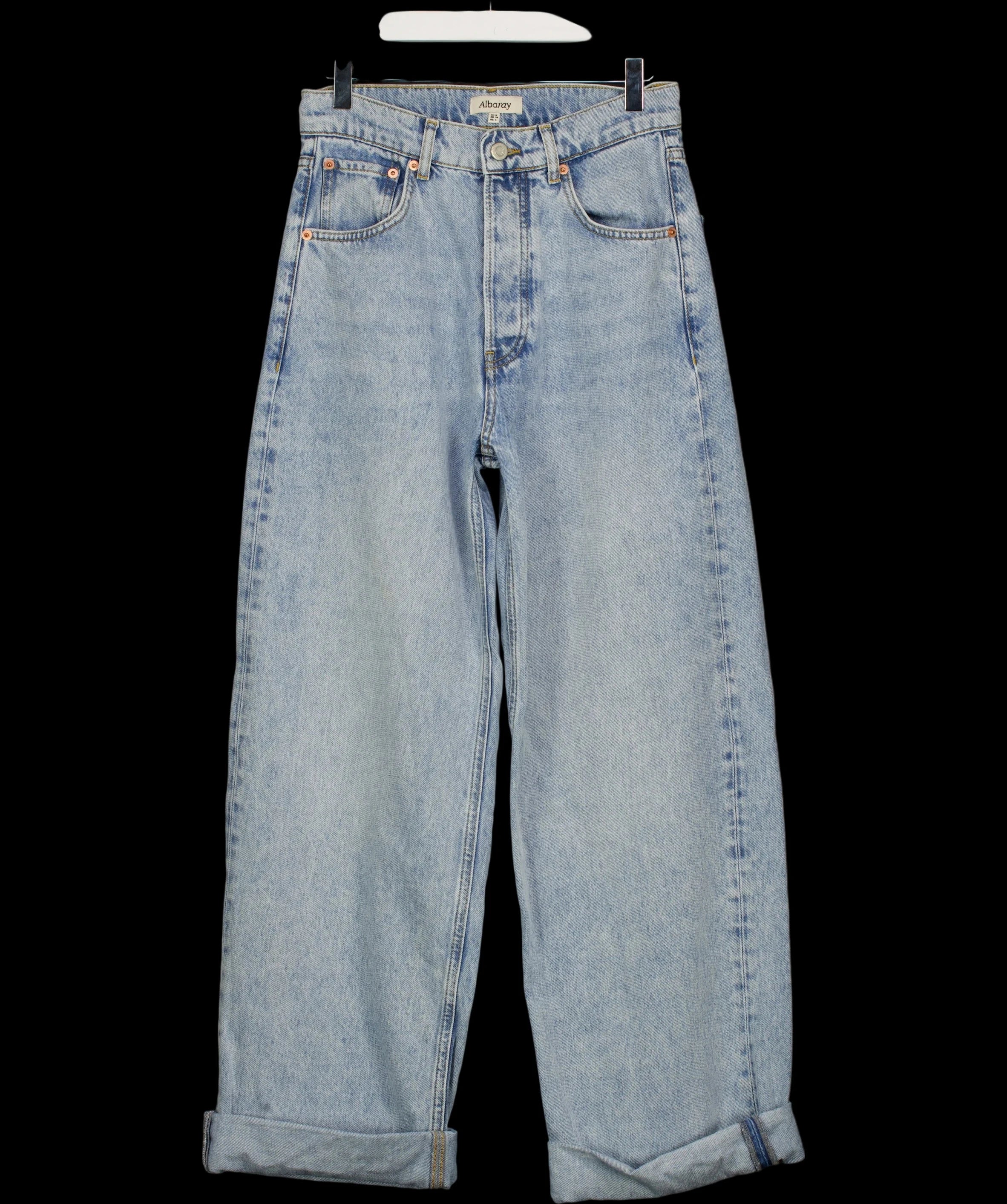Albaray Blue Full Length Wide Leg Jeans Light Wash, size UK 8 — detail
