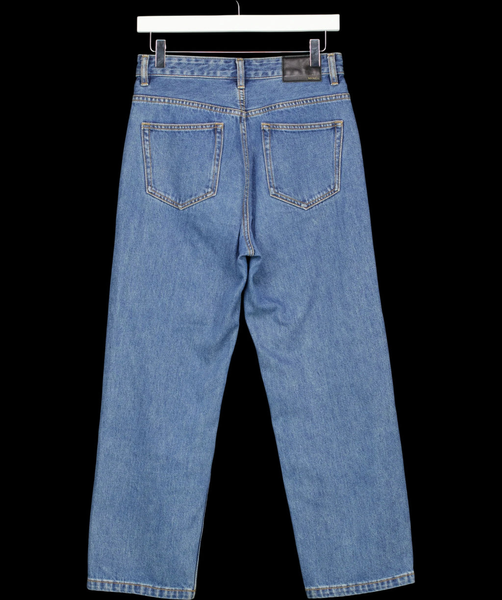 MO&Co. Blue CROPPED High Waisted Straight Leg Jeans Mid Blue, size W27 — label
