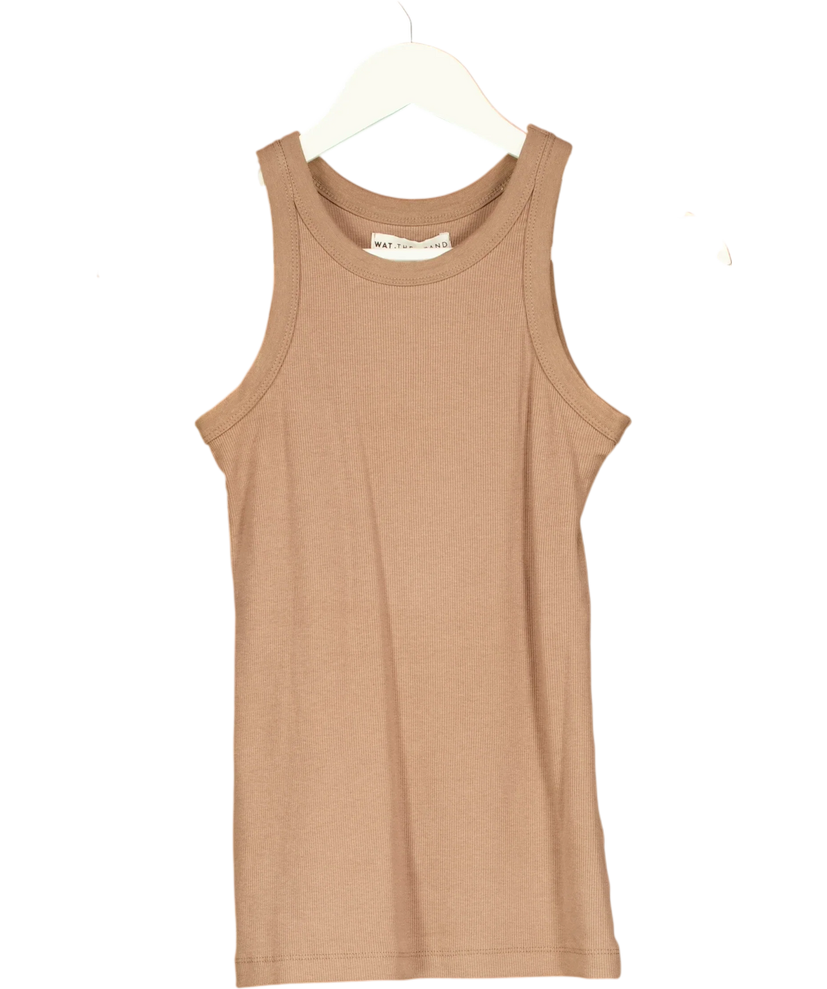 WAT. THE BRAND Beige Ribbed Racer Tank Top Toffee Beige, size UK XS — front