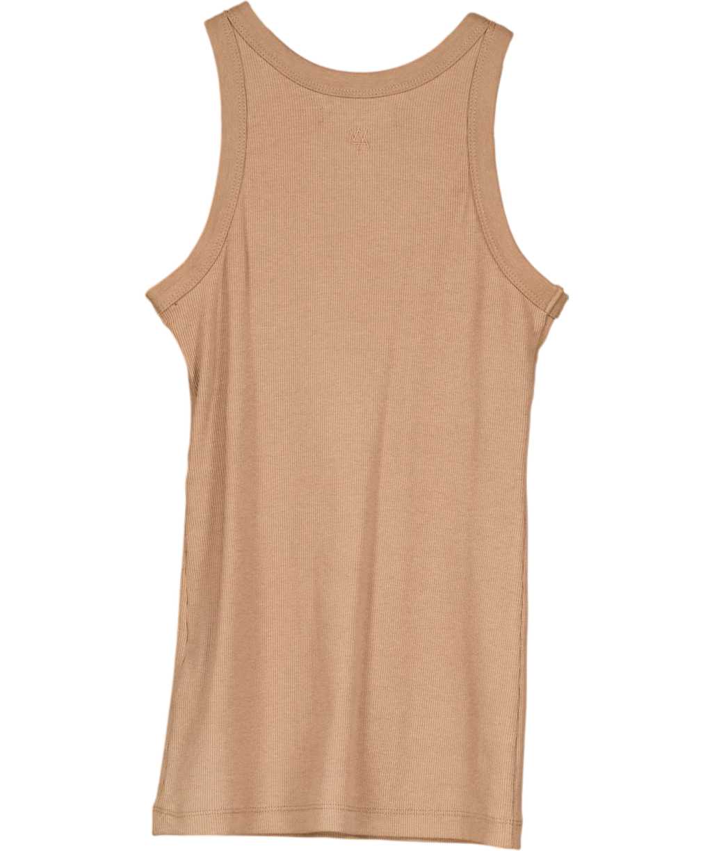 WAT. THE BRAND Beige Ribbed Racer Tank Top Toffee Beige, size UK XS — back