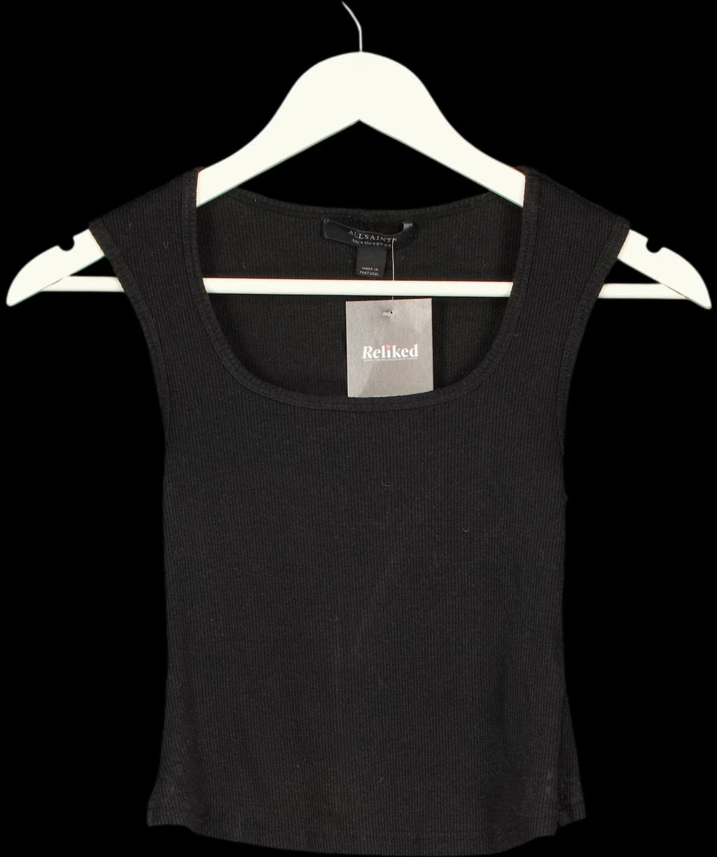 ALLSAINTS Black Tamie Square Neck Ribbed Tank Top Black, size UK 8 — detail