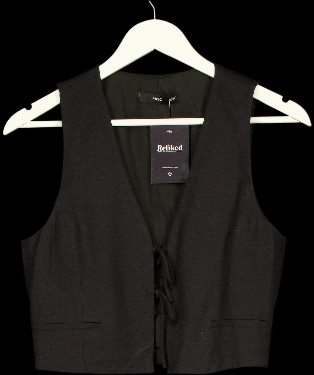 MANGO Black Linen Blend Tie Front Cropped Waistcoat, size UK S — detail