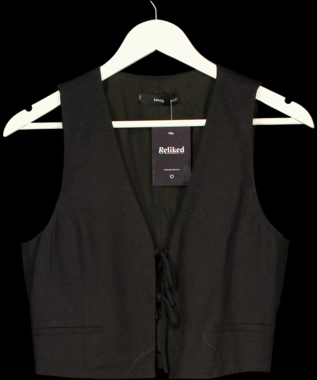MANGO Black Linen Blend Tie Front Cropped Waistcoat, size UK S — detail
