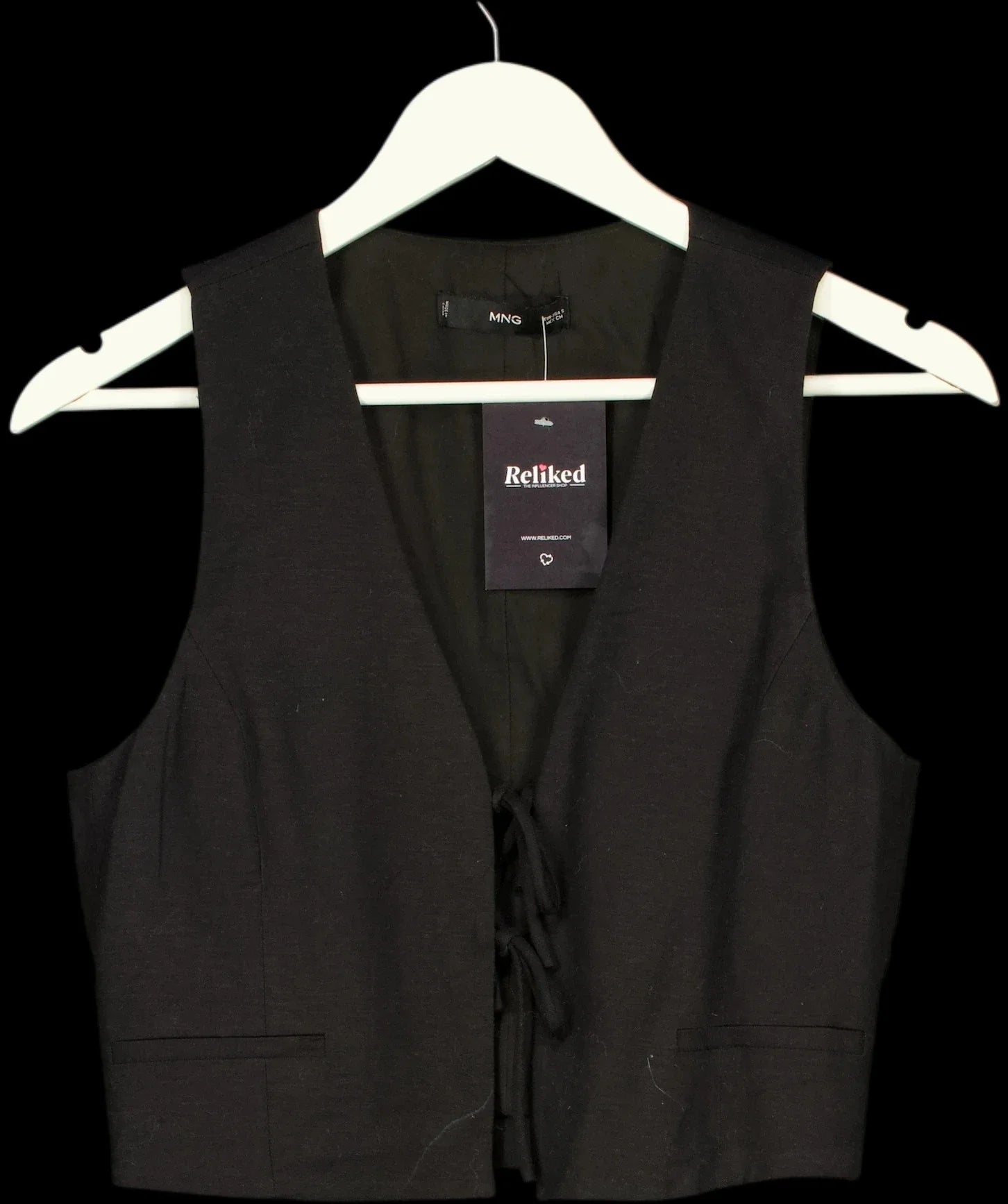 MANGO Black Linen Blend Tie Front Cropped Waistcoat, size UK S — detail