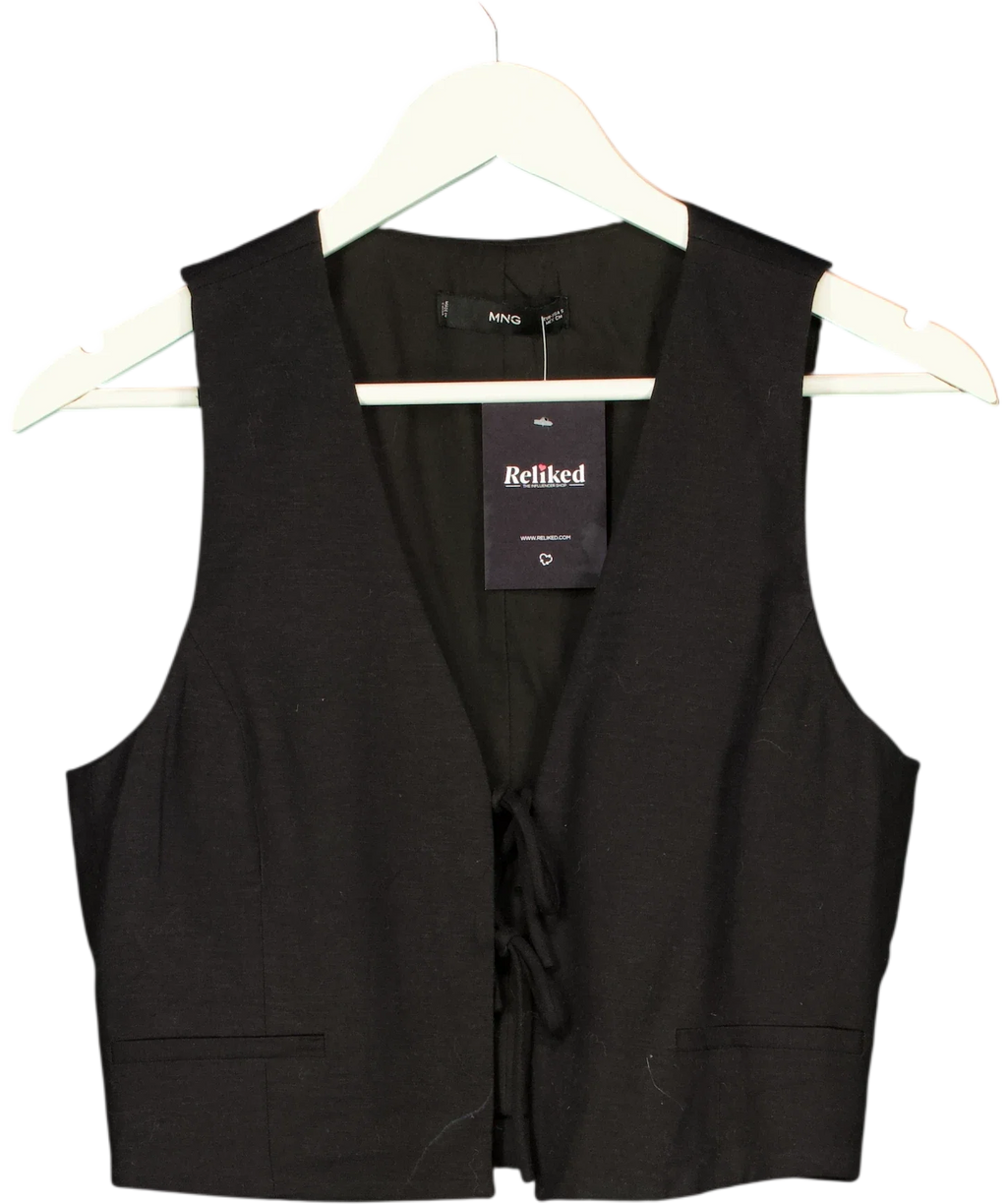 MANGO Black Linen Blend Tie Front Cropped Waistcoat, size UK S — front