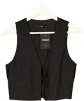 MANGO Black Linen Blend Tie Front Cropped Waistcoat, size UK S — front