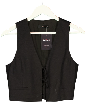 MANGO Black Linen Blend Tie Front Cropped Waistcoat UK S
