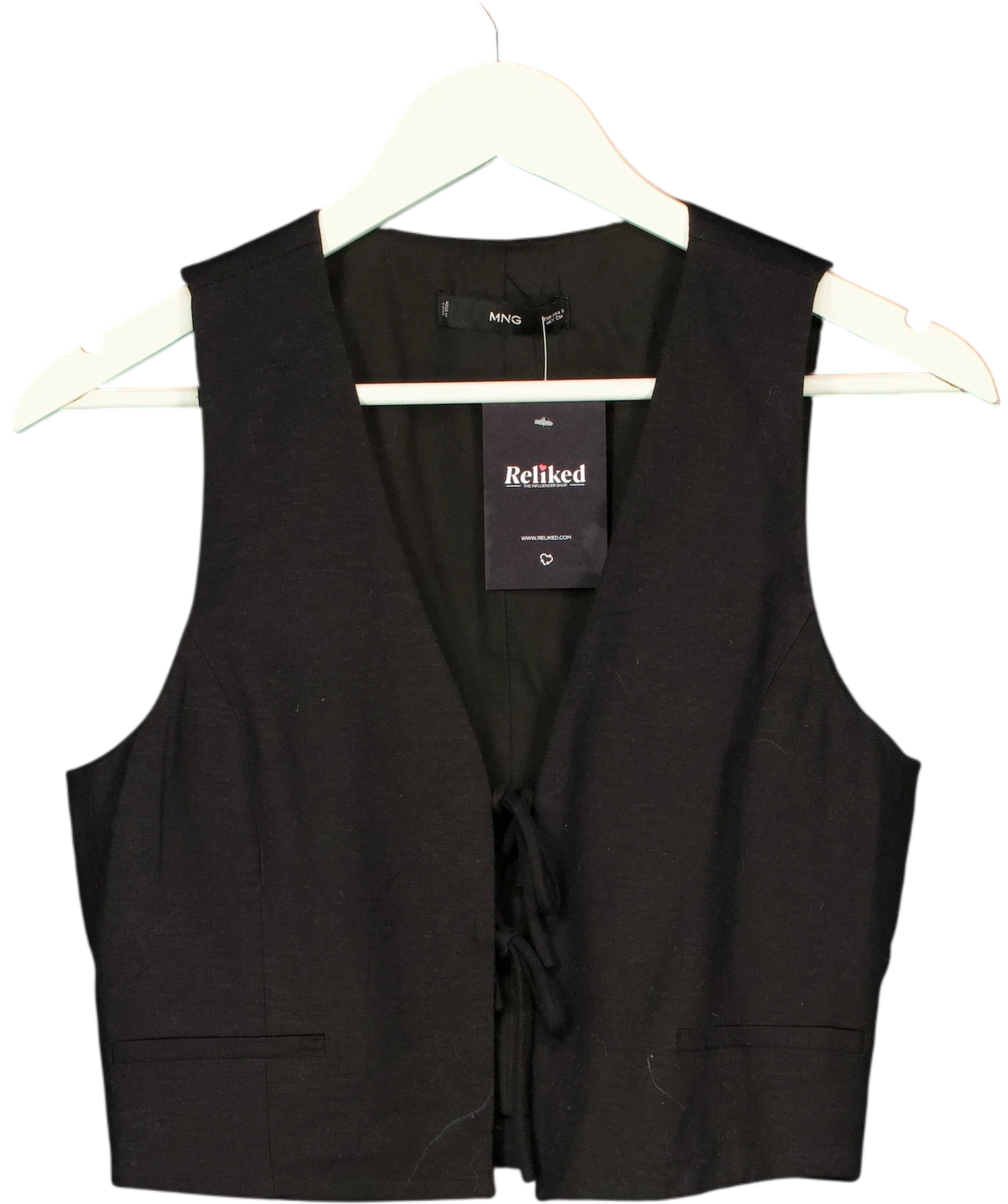 MANGO Black Linen Blend Tie Front Cropped Waistcoat, size UK S — front