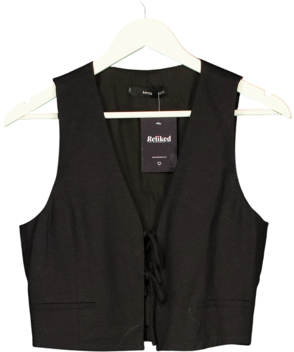 MANGO Black Linen Blend Tie Front Cropped Waistcoat, size UK S — front