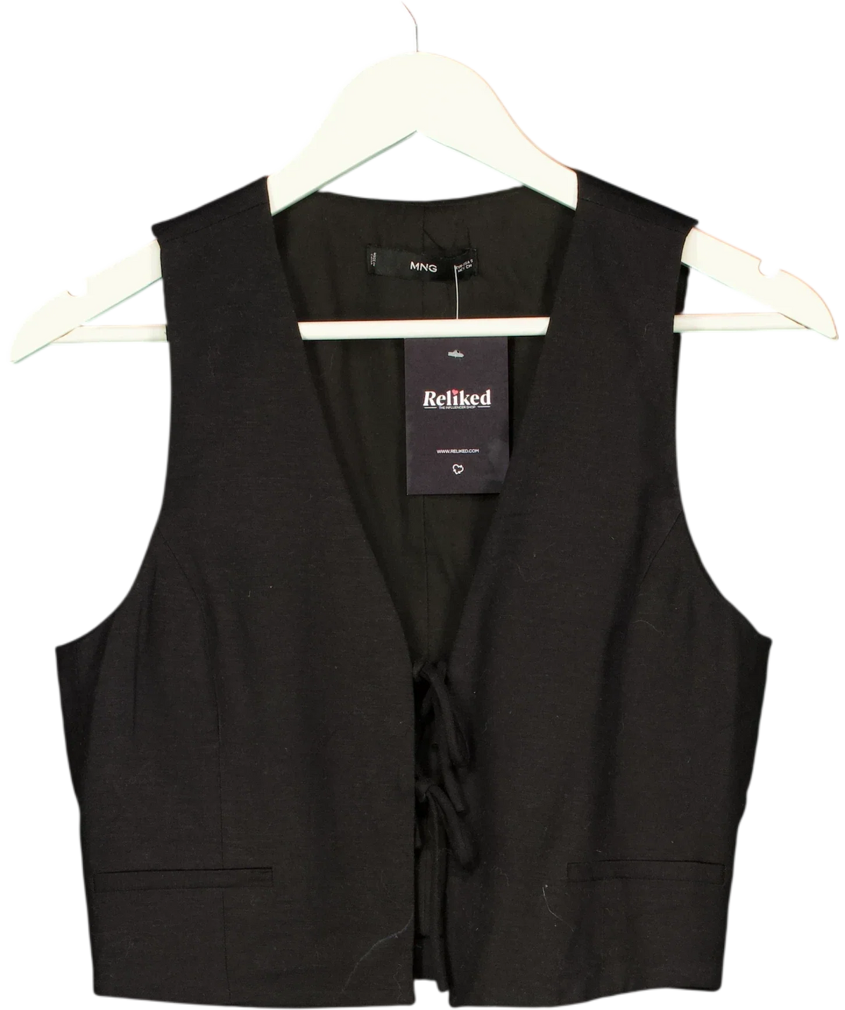 MANGO Black Linen Blend Tie Front Cropped Waistcoat, size UK S — front