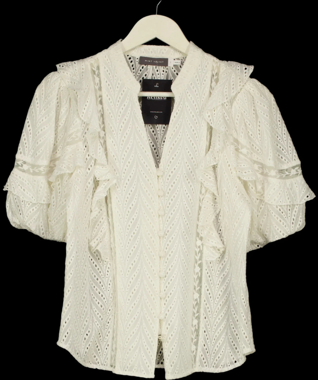 Mint Velvet Cream Ruffle Puff Sleeve Broderie Blouse, size UK S — detail
