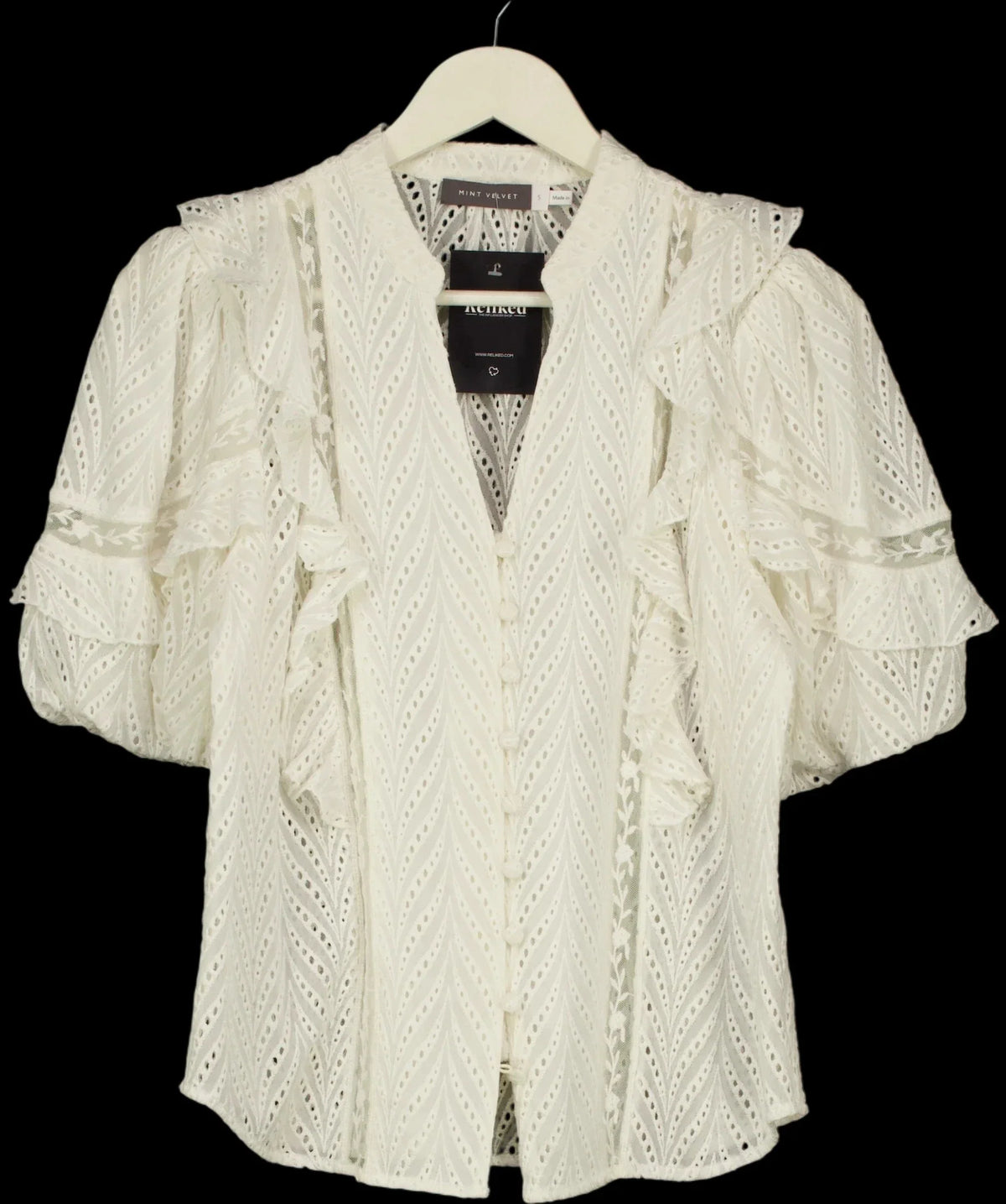 Mint Velvet Cream Ruffle Puff Sleeve Broderie Blouse, size UK S — detail