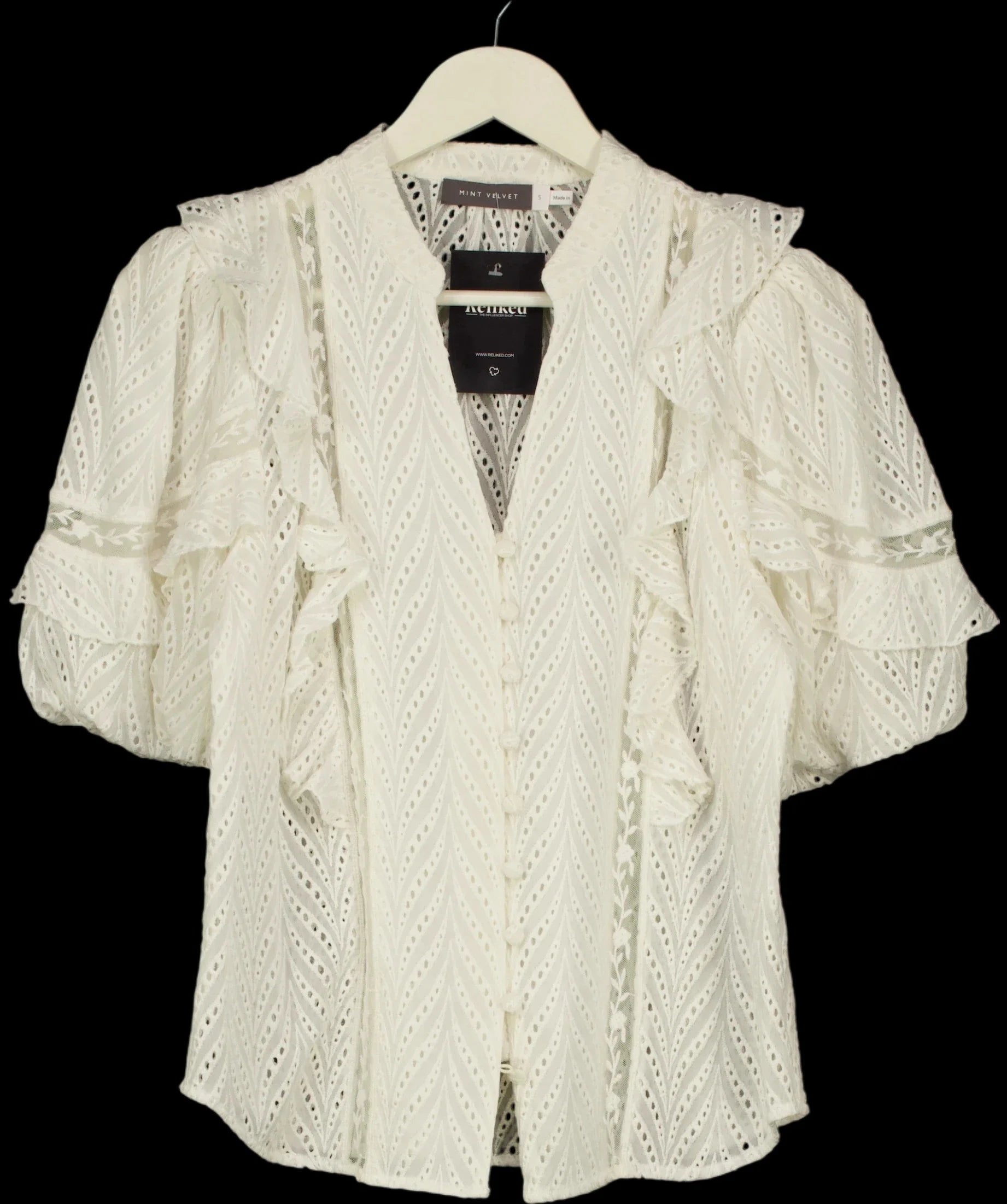 Mint Velvet Cream Ruffle Puff Sleeve Broderie Blouse, size UK S — detail