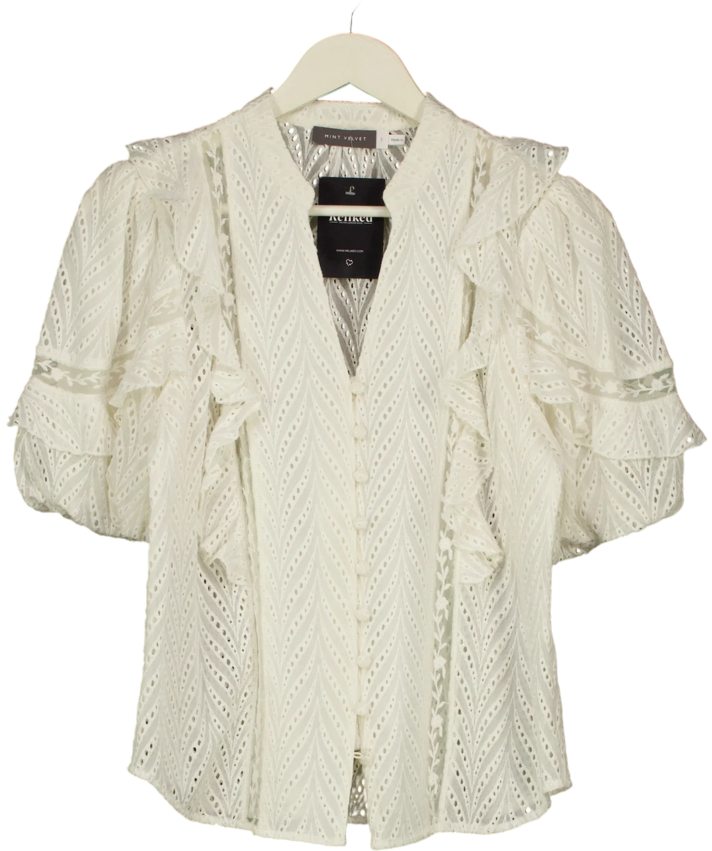 Mint Velvet Cream Ruffle Puff Sleeve Broderie Blouse, size UK S — front