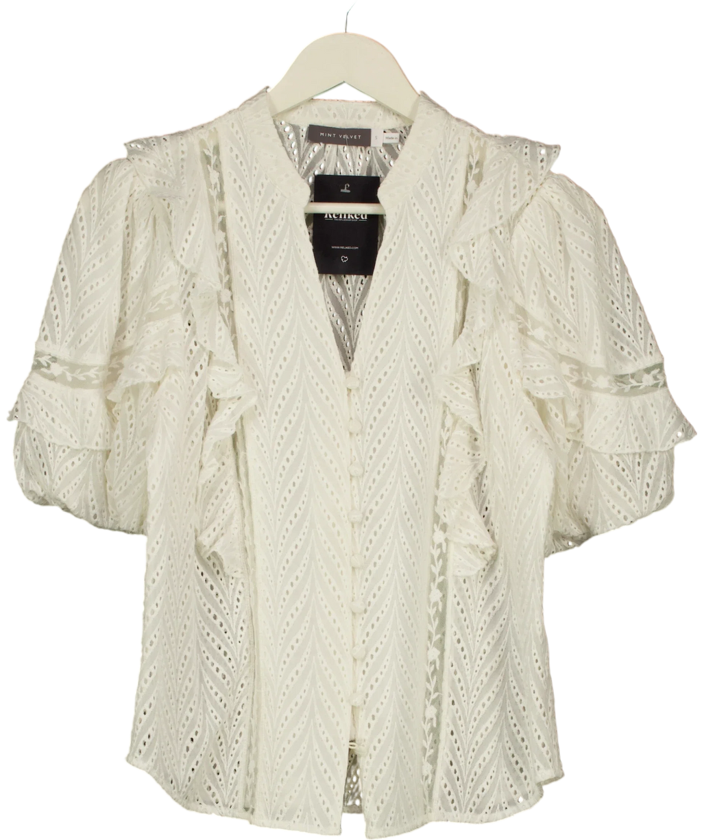 Mint Velvet Cream Ruffle Puff Sleeve Broderie Blouse, size UK S — front