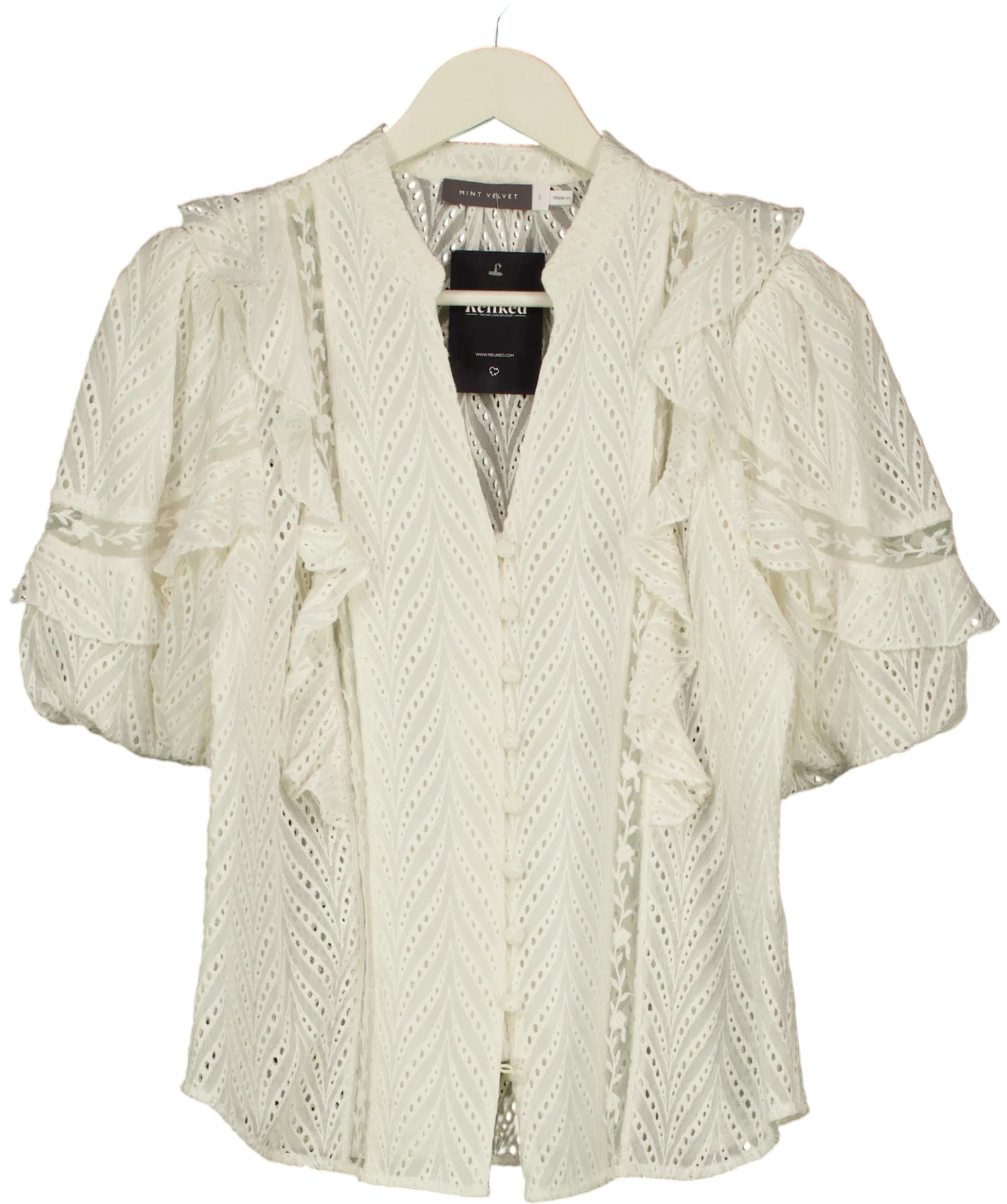 Mint Velvet Cream Ruffle Puff Sleeve Broderie Blouse, size UK S — front