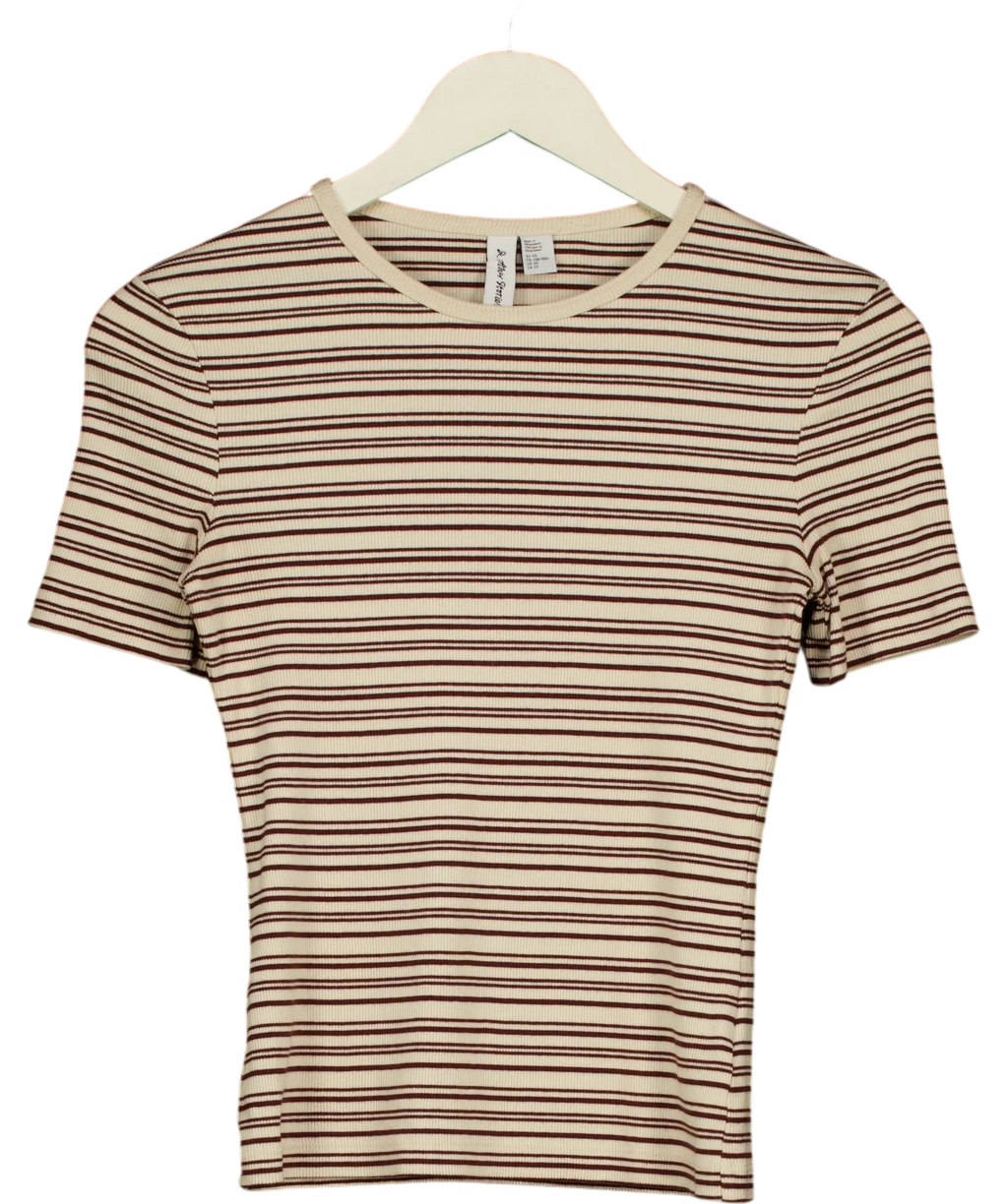 & OTHER STORIES Brown Brown and Cream Striped Ribbed T-Shirt, size UK XS — front