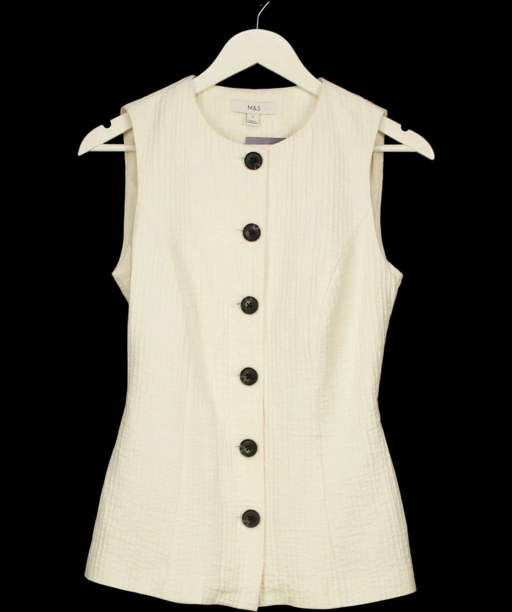 M&S Cream Sleeveless Textured Button-Front Waistcoat Top Cream, size UK 6 — detail