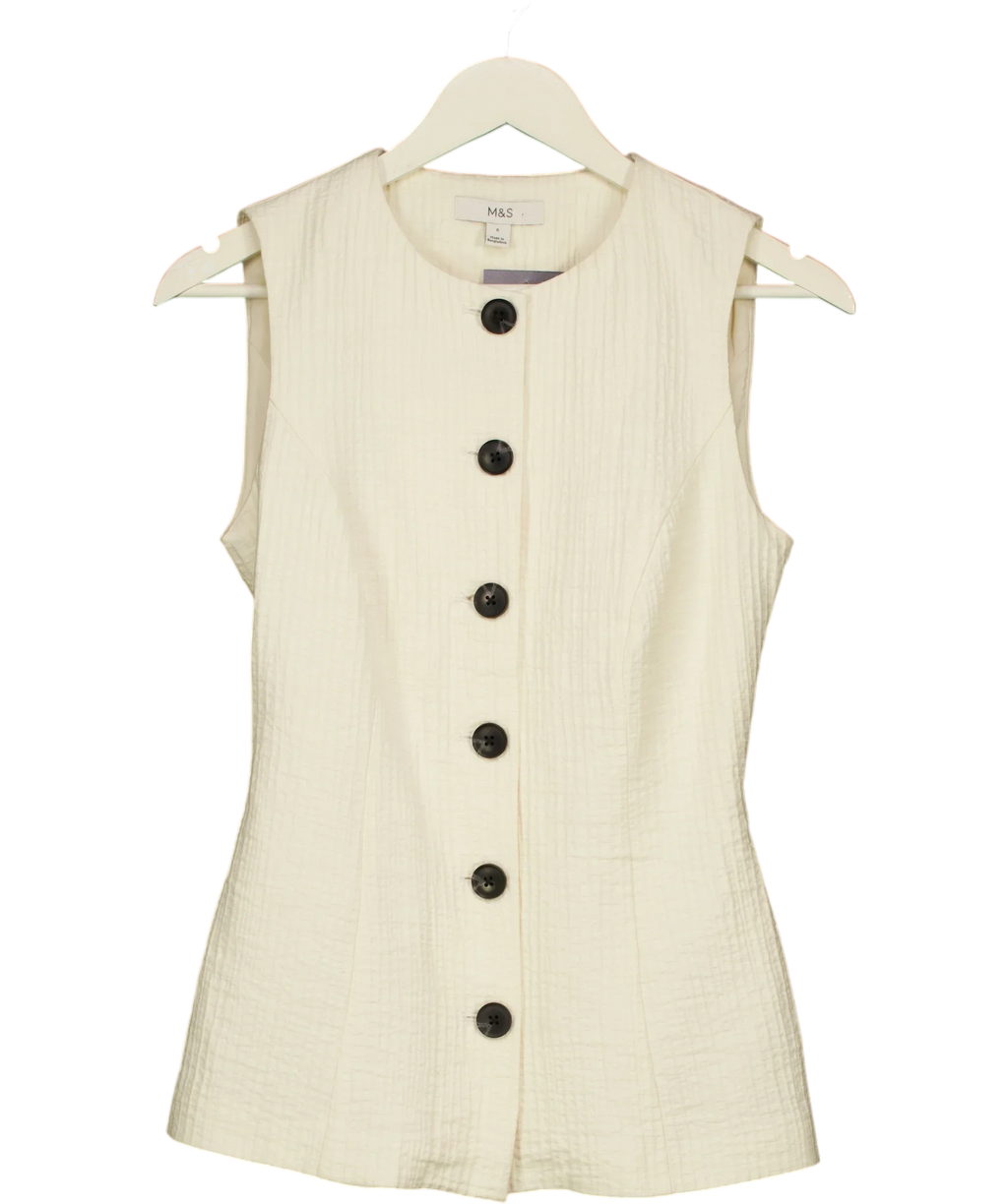 M&S Cream Sleeveless Textured Button-Front Waistcoat Top Cream, size UK 6 — front