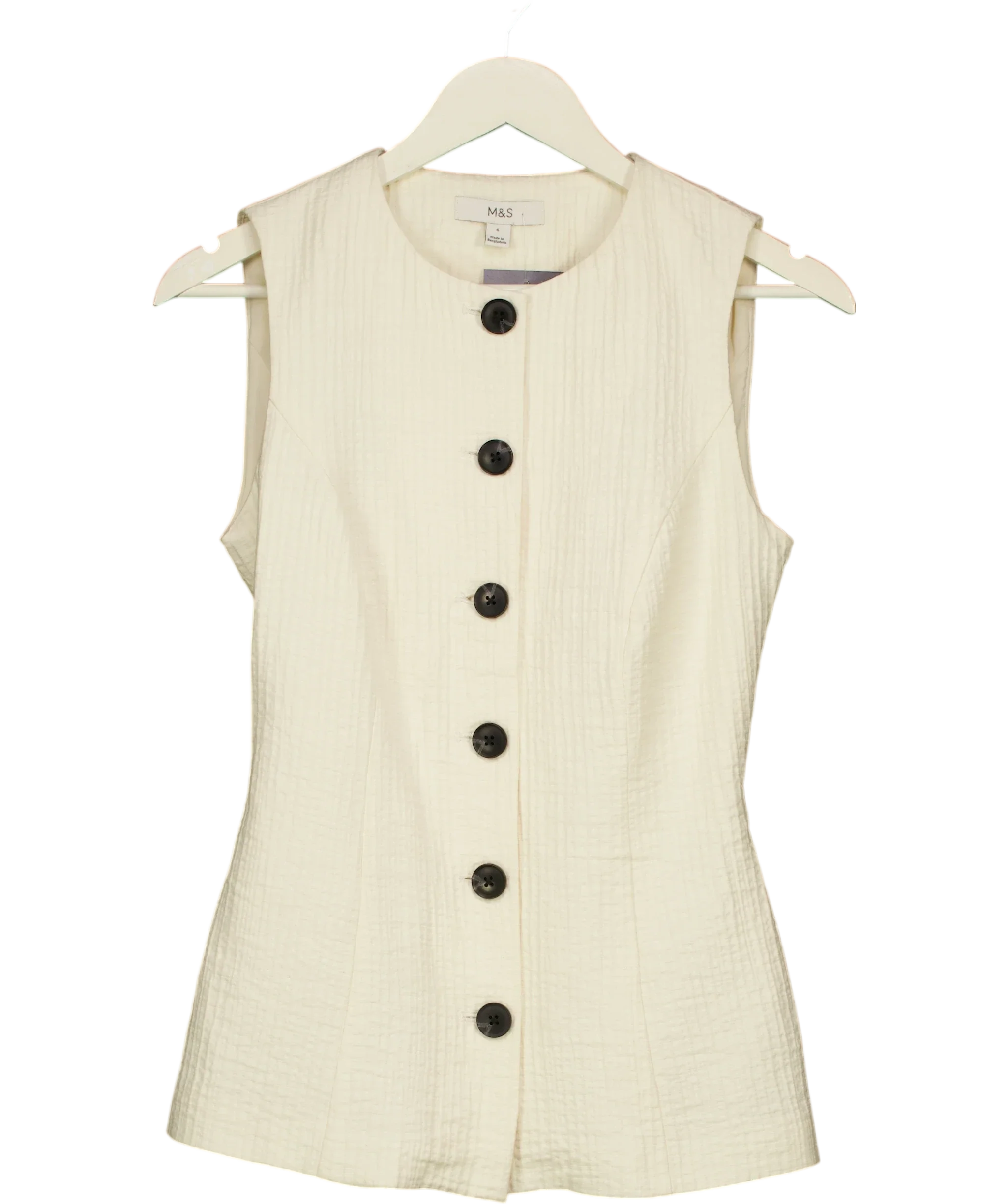 M&S Cream Sleeveless Textured Button-Front Waistcoat Top Cream, size UK 6 — front