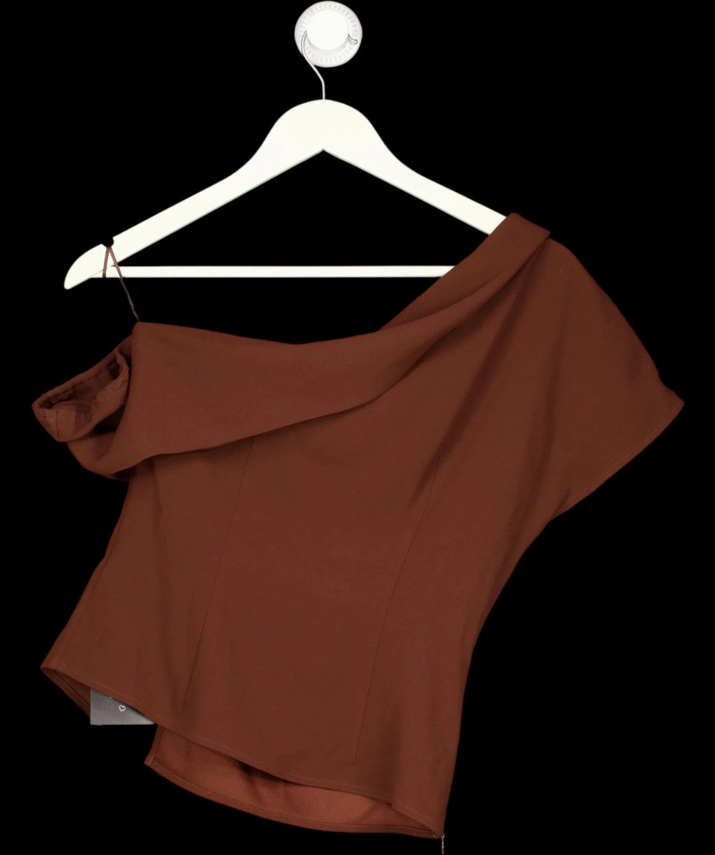 Fabrique Brown x Bäck Hansen Hazel Asymmetric Ruched One Shoulder Top Russet Brown, size UK S — label