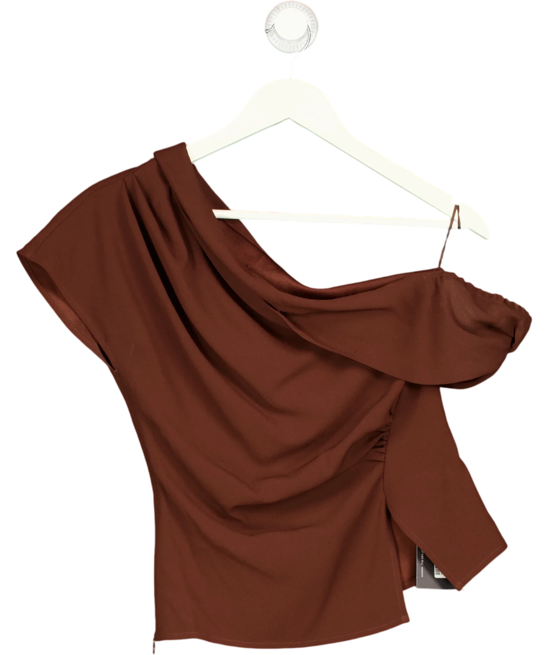 Fabrique Brown x Bäck Hansen Hazel Asymmetric Ruched One Shoulder Top Russet Brown, size UK S — front