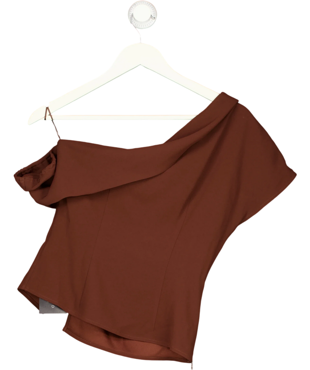 Fabrique Brown x Bäck Hansen Hazel Asymmetric Ruched One Shoulder Top Russet Brown, size UK S — back