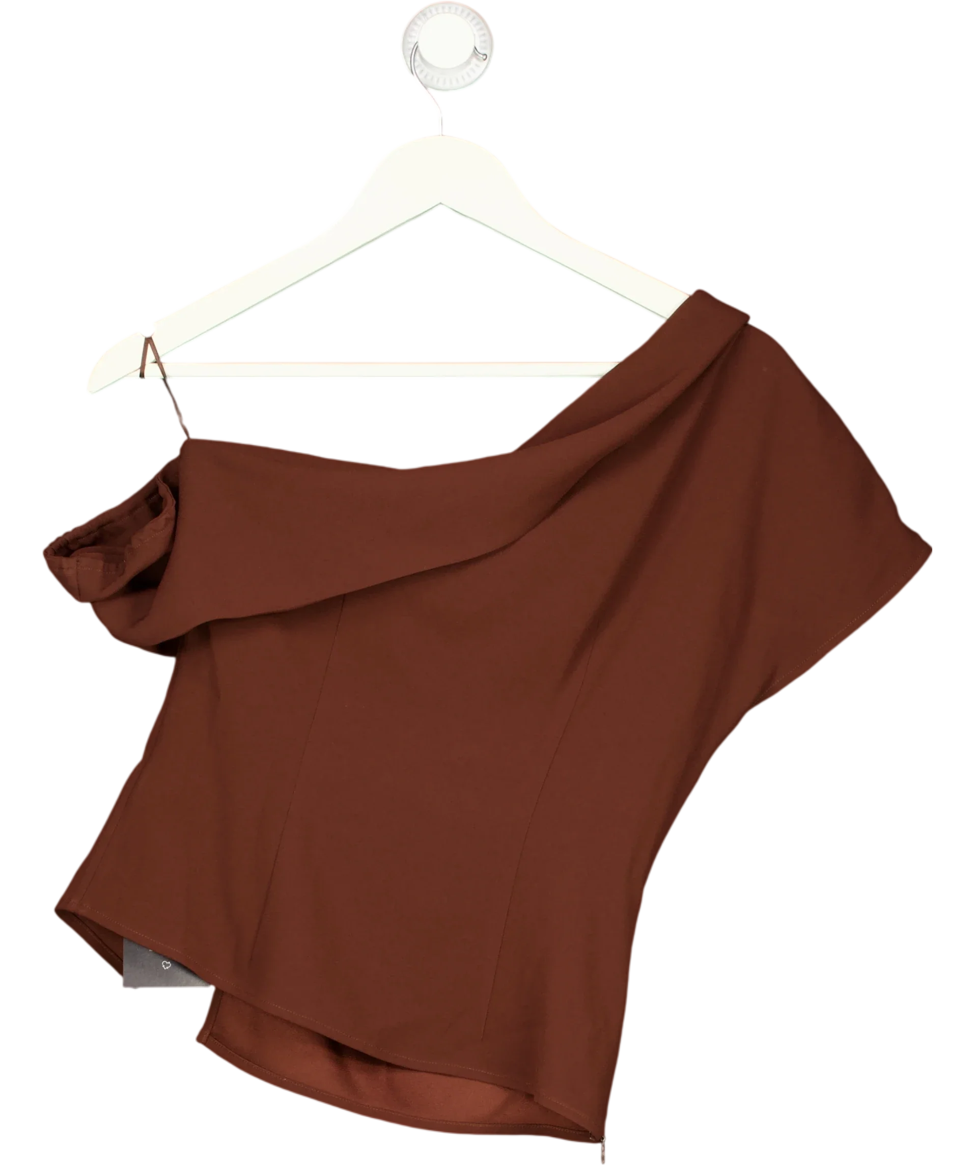 Fabrique Brown x Bäck Hansen Hazel Asymmetric Ruched One Shoulder Top Russet Brown, size UK S — back