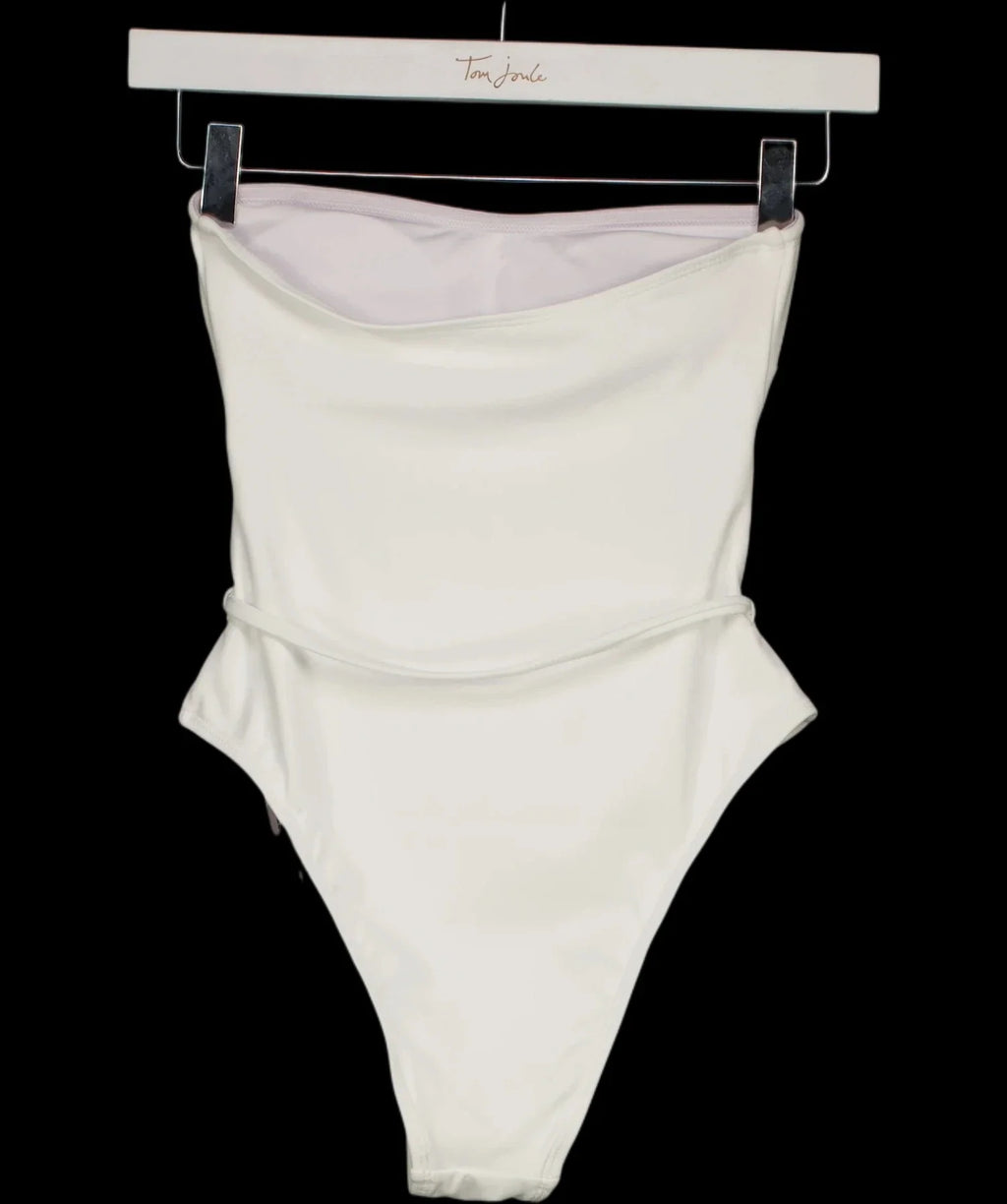 4th & Reckless White Valeria Resin Bead Bandeau Swimsuit White, size UK 6 — label
