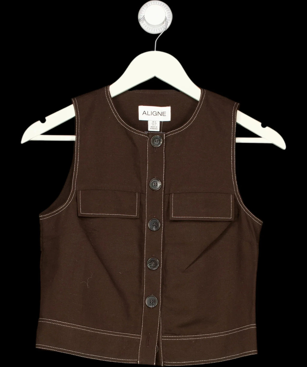 Aligne Brown Summer Utility Button Up Linen Top Chocolate Brown, size UK 6 — detail