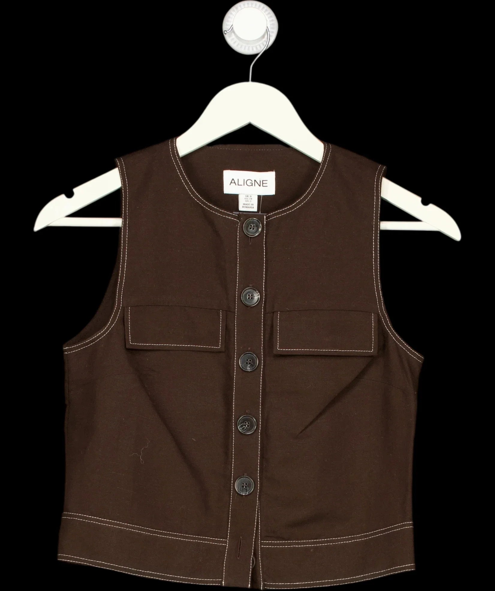 Aligne Brown Summer Utility Button Up Linen Top Chocolate Brown, size UK 6 — detail