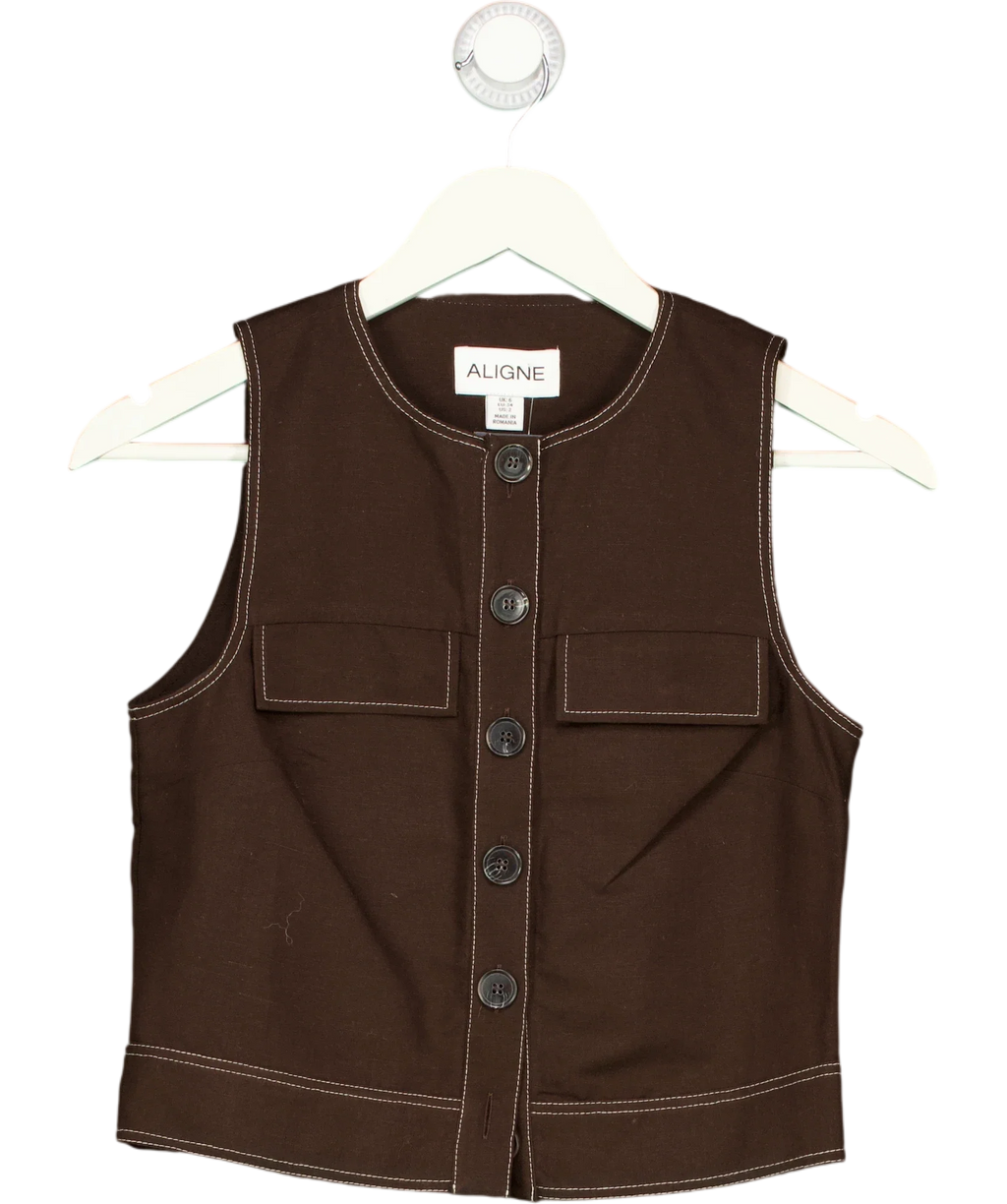 Aligne Brown Summer Utility Button Up Linen Top Chocolate Brown, size UK 6 — front