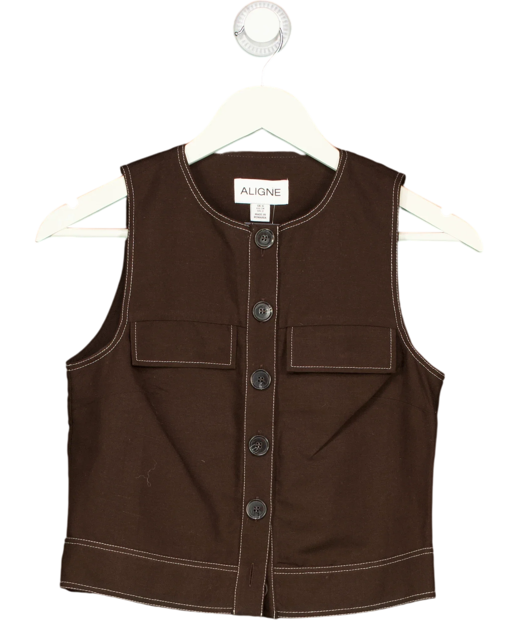 Aligne Brown Summer Utility Button Up Linen Top Chocolate Brown, size UK 6 — front