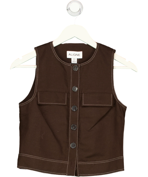Aligne Brown Summer Utility Button Up Linen Top Chocolate Brown, size UK 6 — front