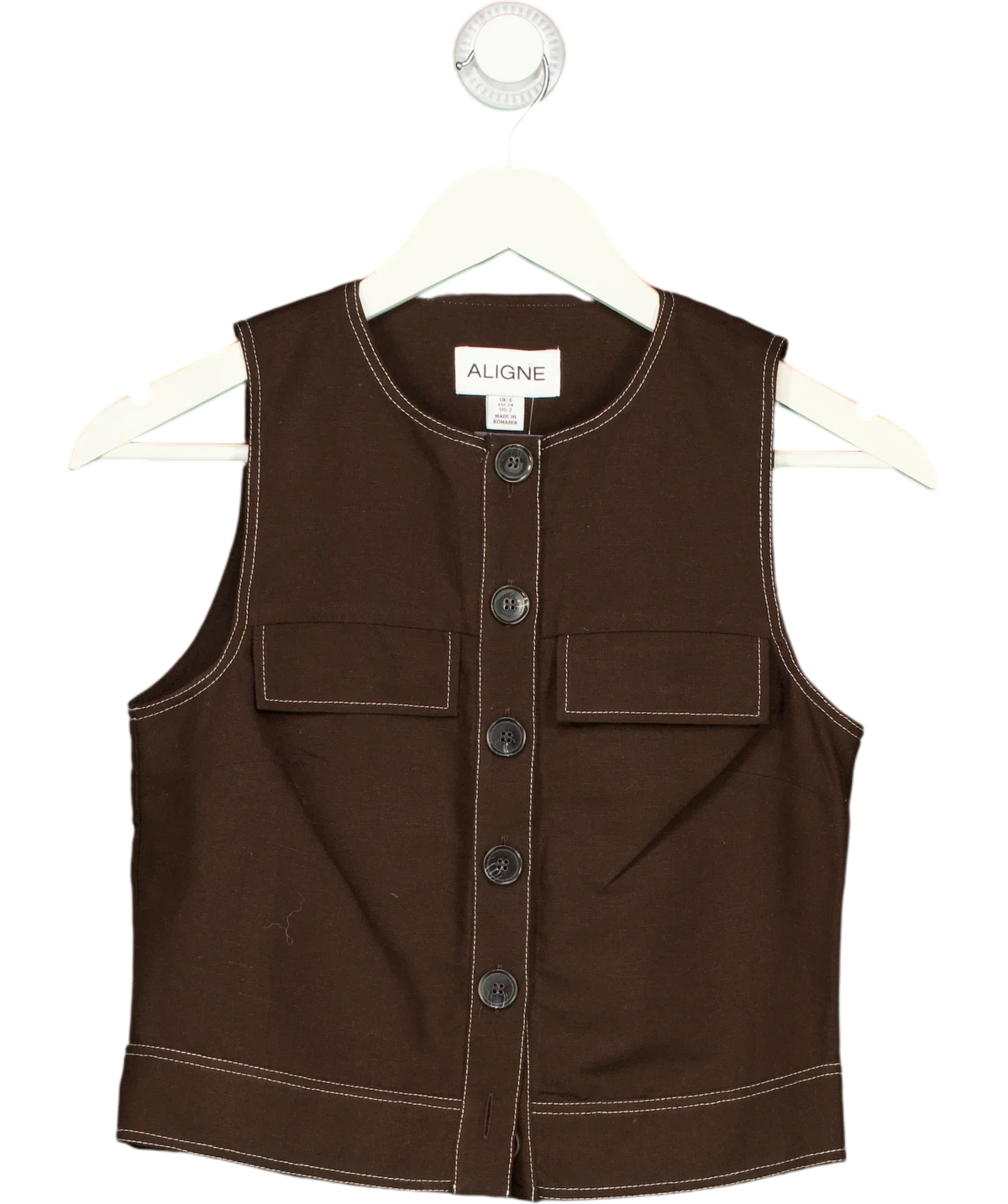 Aligne Brown Summer Utility Button Up Linen Top Chocolate Brown, size UK 6 — front