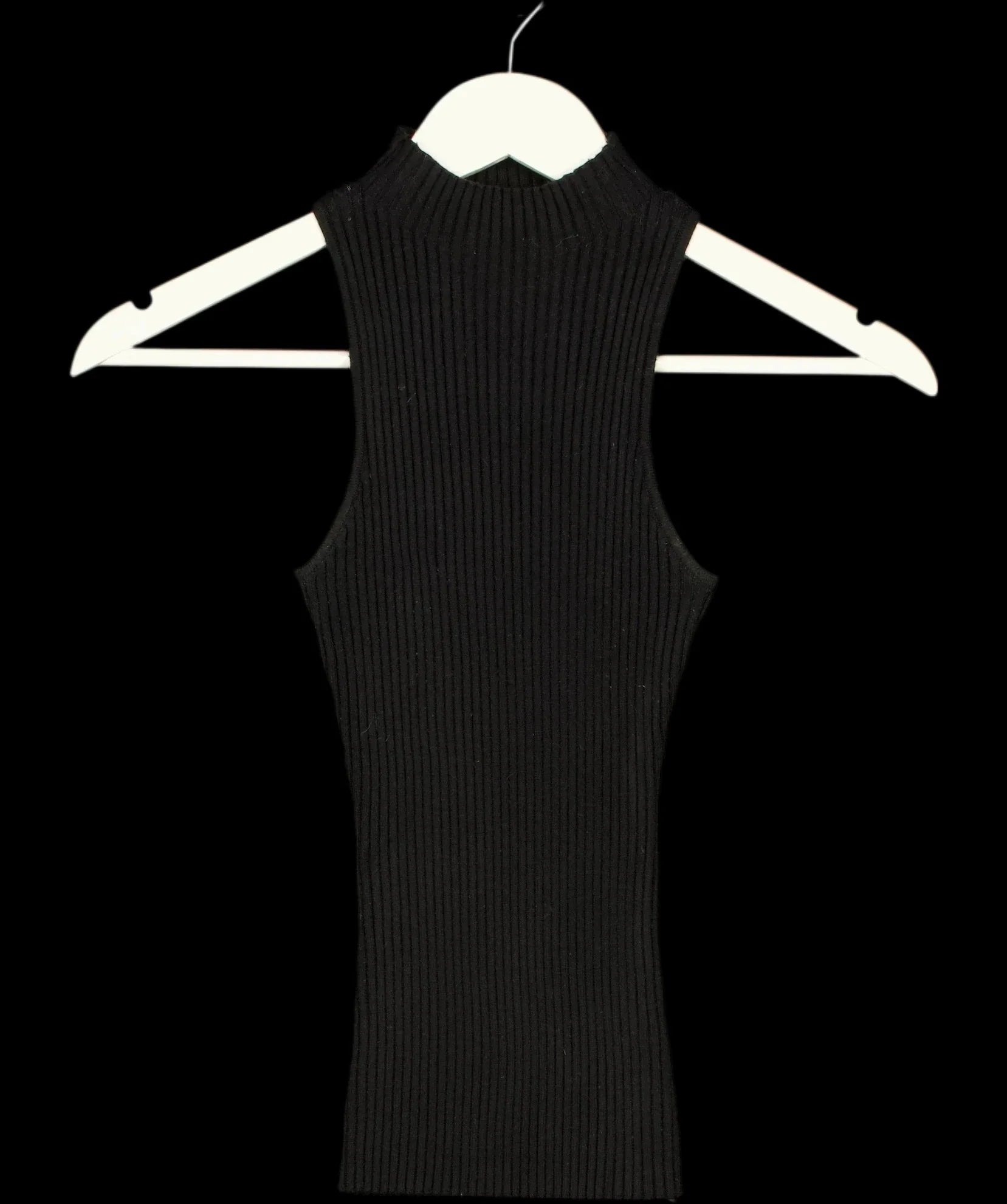 PRETTY LAVISH Black Sleeveless High Neck Ribbed Knit Top Black, size UK S — detail