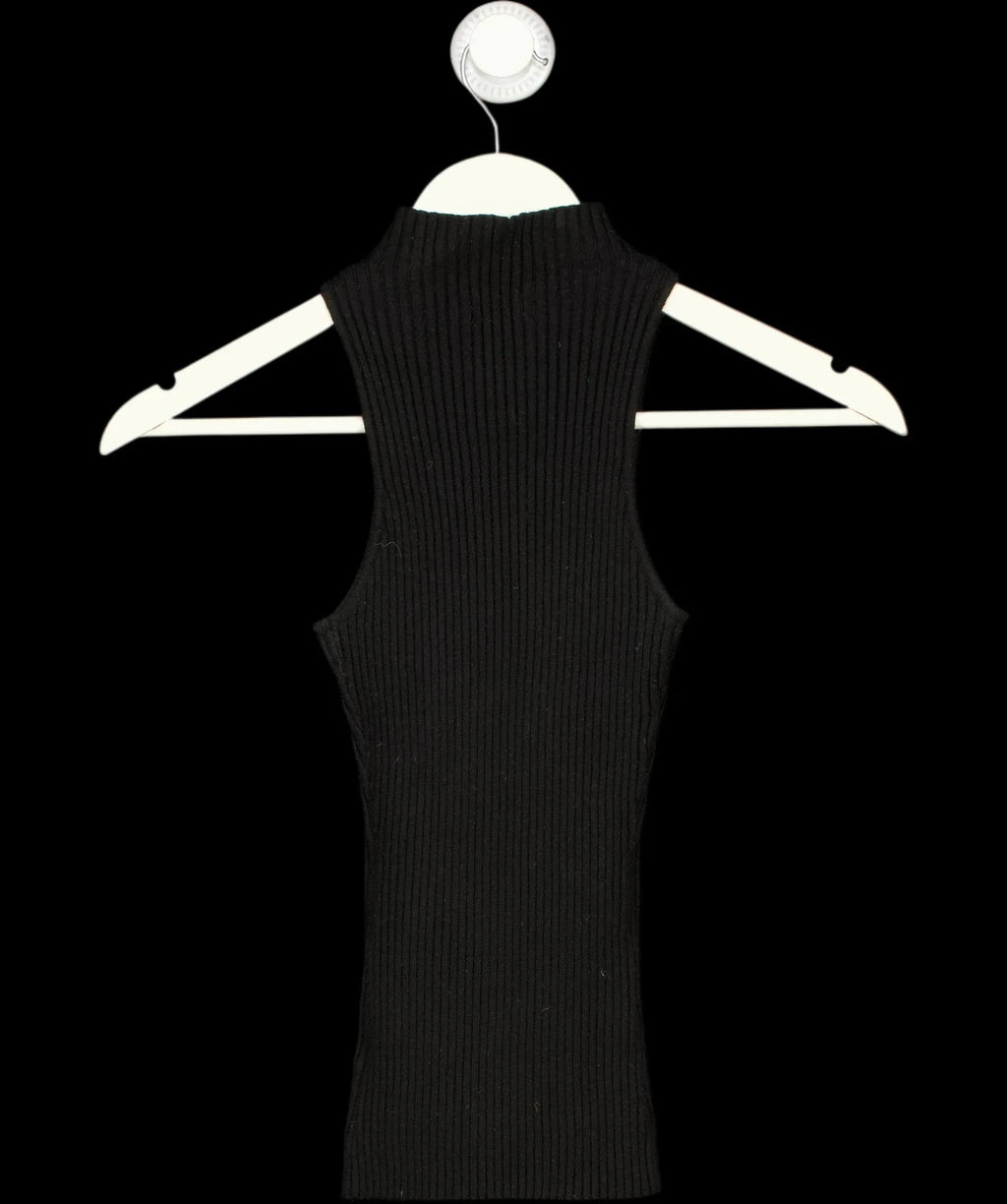 PRETTY LAVISH Black Sleeveless High Neck Ribbed Knit Top Black, size UK S — label