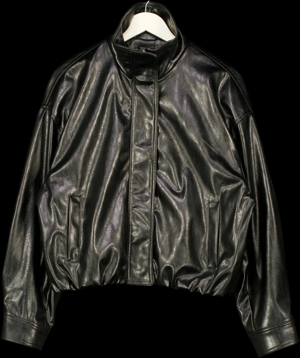 ZARA Black FAUX LEATHER GATHERED HEM FUNNEL NECK JACKET, size UK S — detail