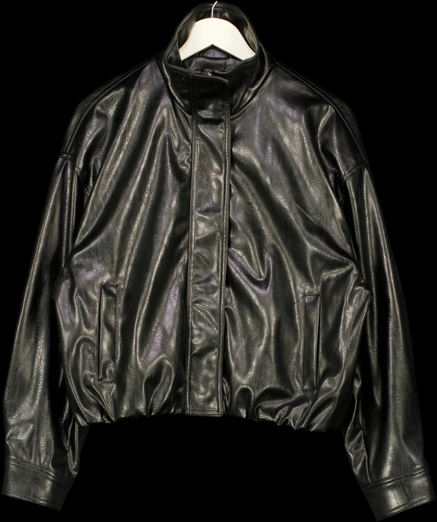 ZARA Black FAUX LEATHER GATHERED HEM FUNNEL NECK JACKET, size UK S — detail
