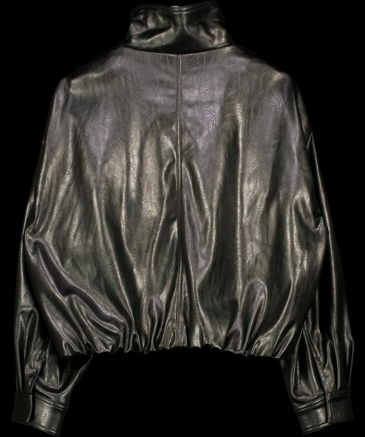 ZARA Black FAUX LEATHER GATHERED HEM FUNNEL NECK JACKET, size UK S — label