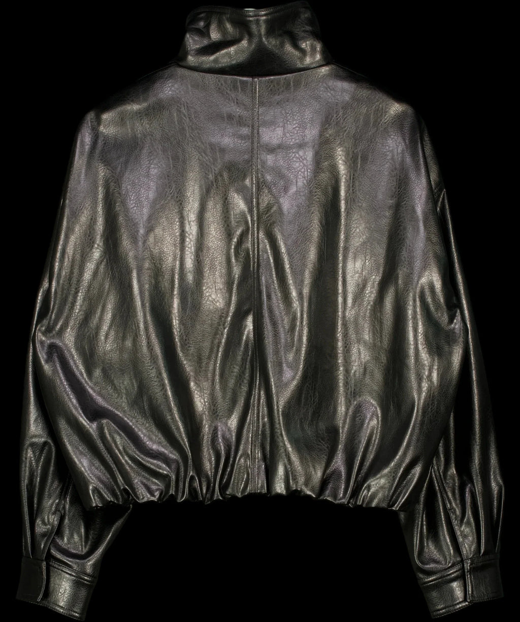 ZARA Black FAUX LEATHER GATHERED HEM FUNNEL NECK JACKET, size UK S — label