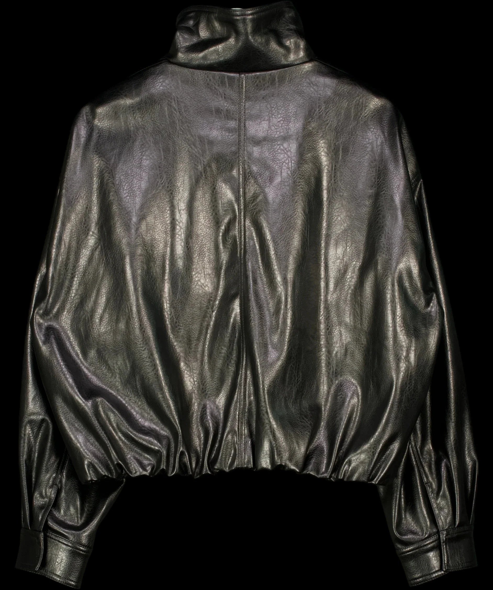 ZARA Black FAUX LEATHER GATHERED HEM FUNNEL NECK JACKET, size UK S — label