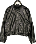 ZARA Black FAUX LEATHER GATHERED HEM FUNNEL NECK JACKET, size UK S — front