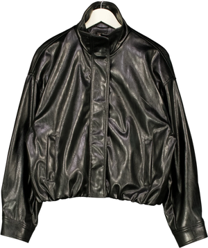 ZARA Black Faux Leather Gathered Hem Funnel Neck Jacket UK S